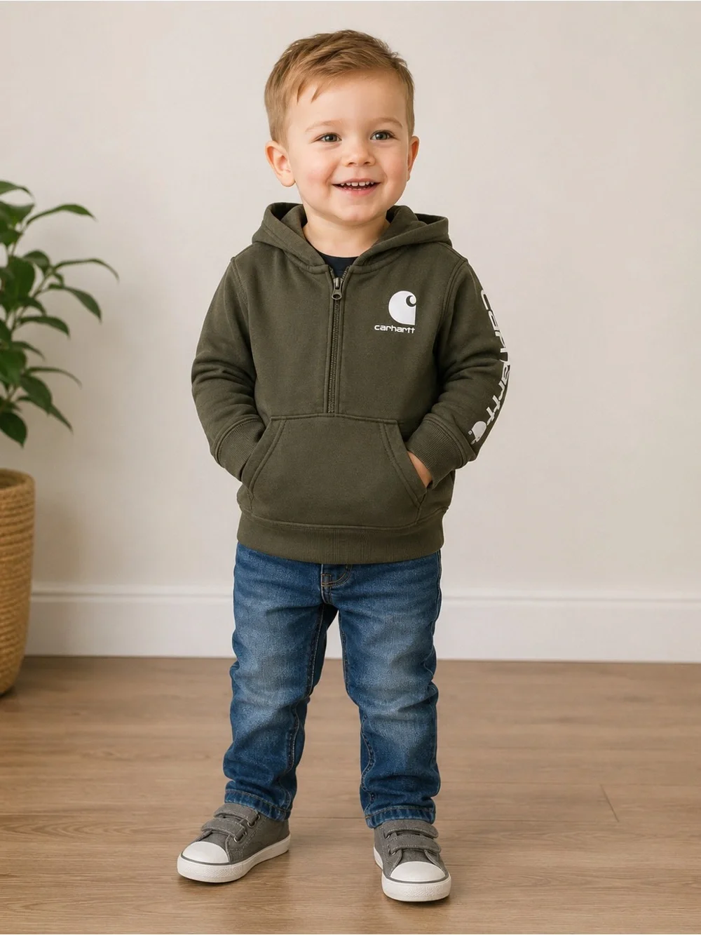 Carhartt Kids 2T Olive Green Half Zip Hoodie Logo Sleeve Workwear Streetwear